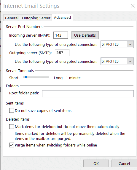 More Settings - Advanced tab: Enter the 'Server Port' details